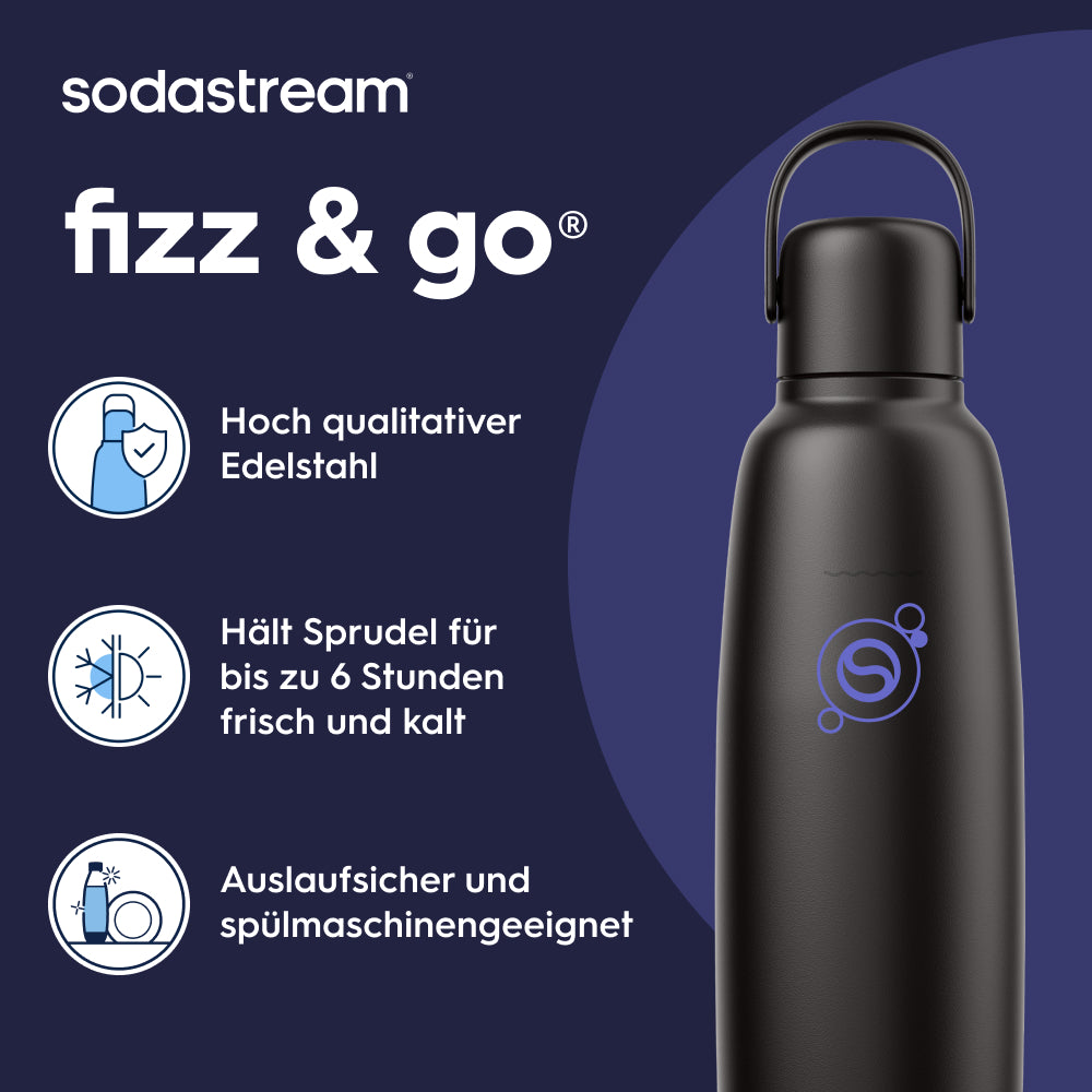 fizz & go Edelstahl Sprudlerflasche (Charcoal) 0,9 L, 1er-Pack