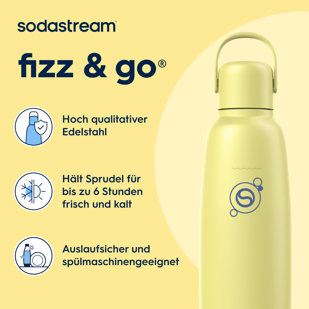 fizz & go Edelstahl Sprudlerflasche (Lemon Zest) 0,9 L, 1er-Pack