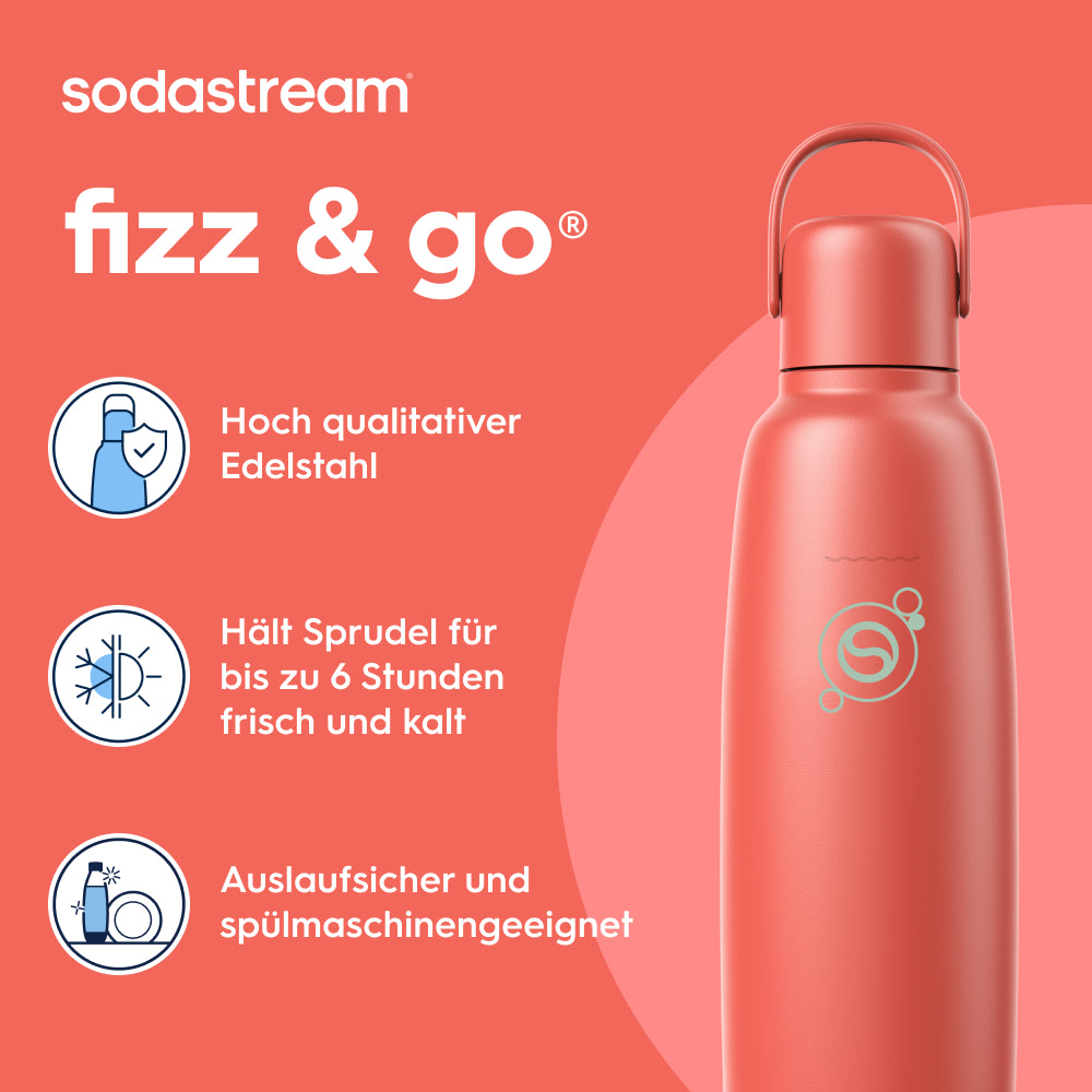 fizz & go Edelstahl Sprudlerflasche (Papaya) 0,9 L, 1er-Pack